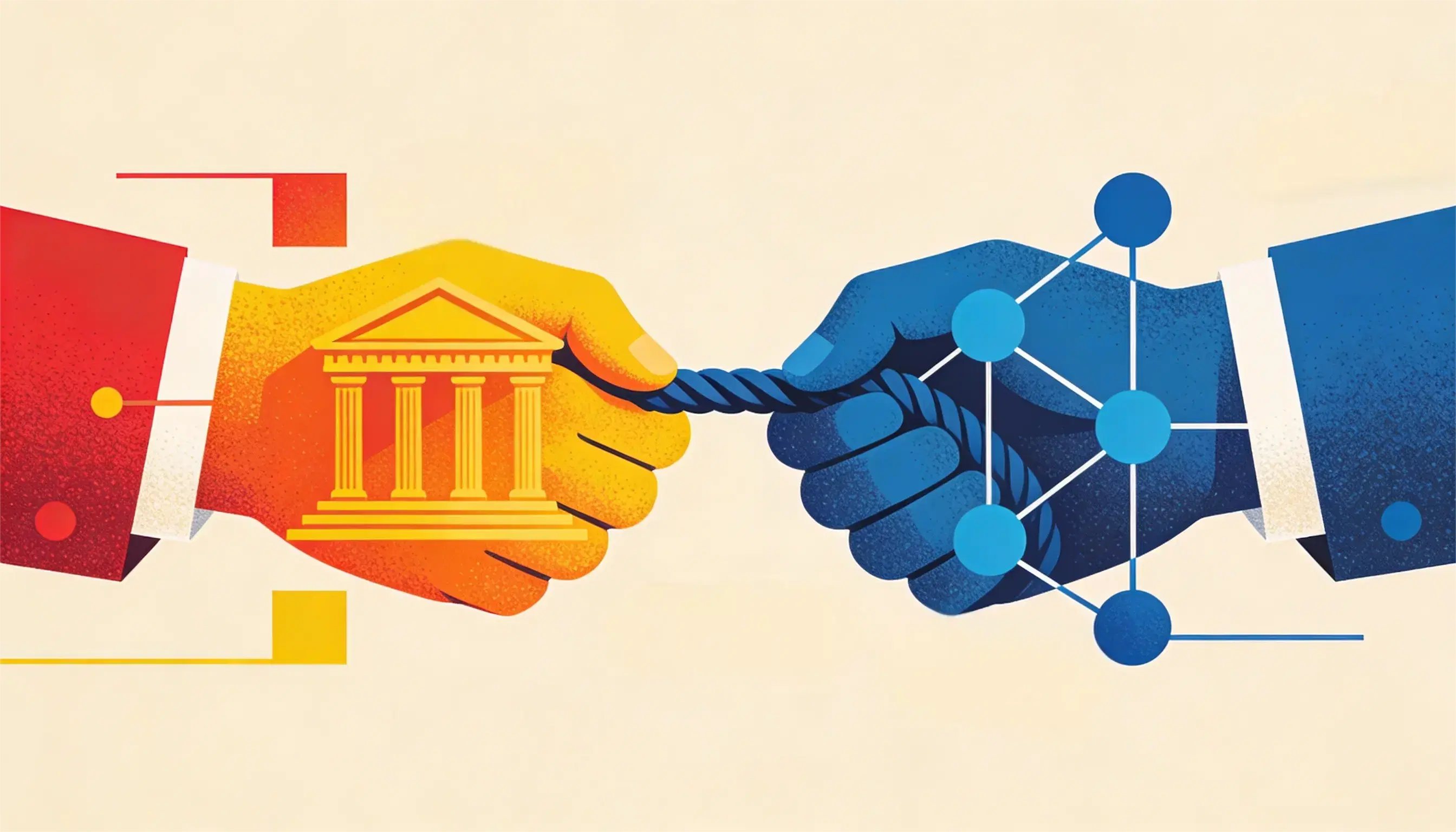 Illustration showing a tug-of-war between traditional finance and blockchain technology, with a hand holding a classical bank building pulling against a hand made of connected digital nodes, symbolizing regulatory conflict between banks and crypto.