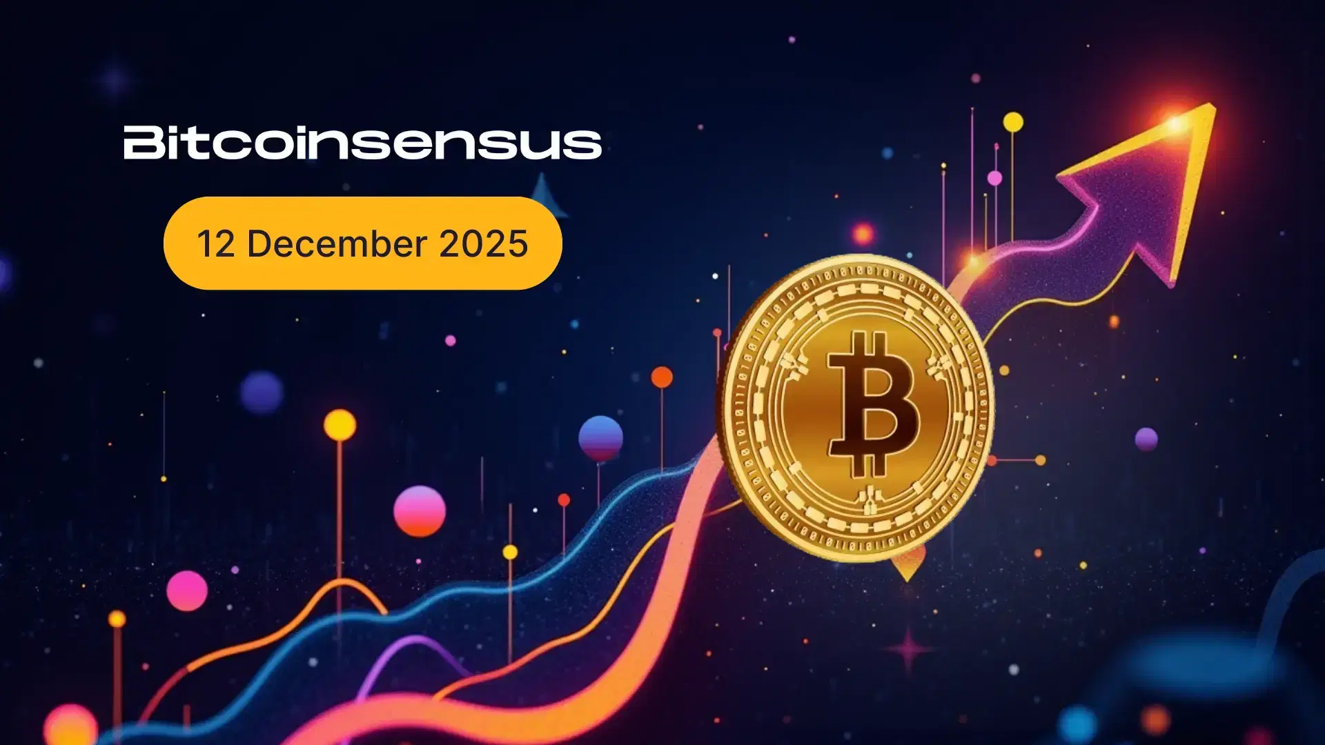 一个暗色主题的加密横幅上显示着一个金色的比特币、一个动态的紫色箭头和日期 2025 年 12 月 12 日。