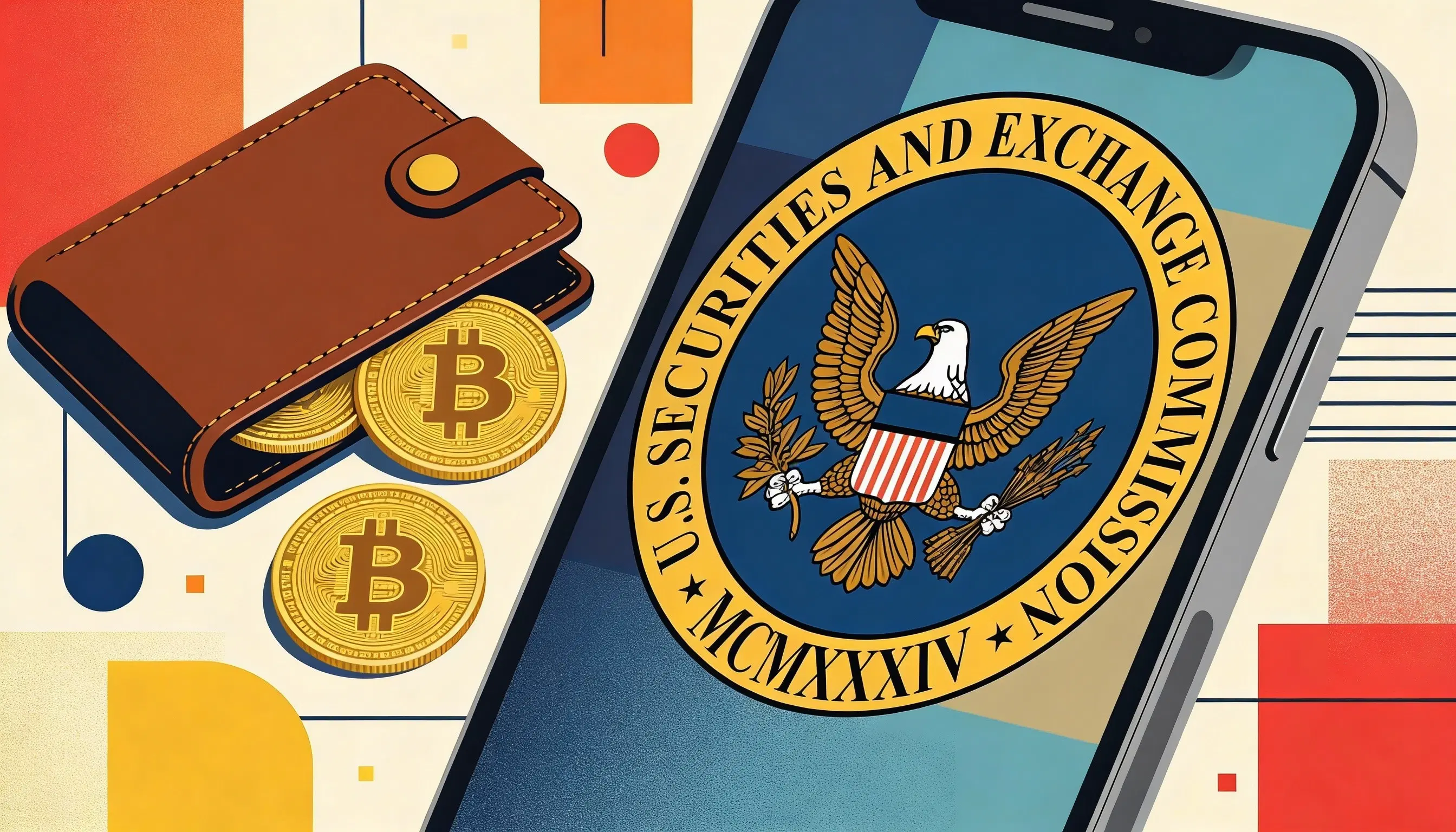 A smartphone displays the SEC seal next to a wallet with Bitcoin, symbolizing the agency's new guidance on self-custody.
