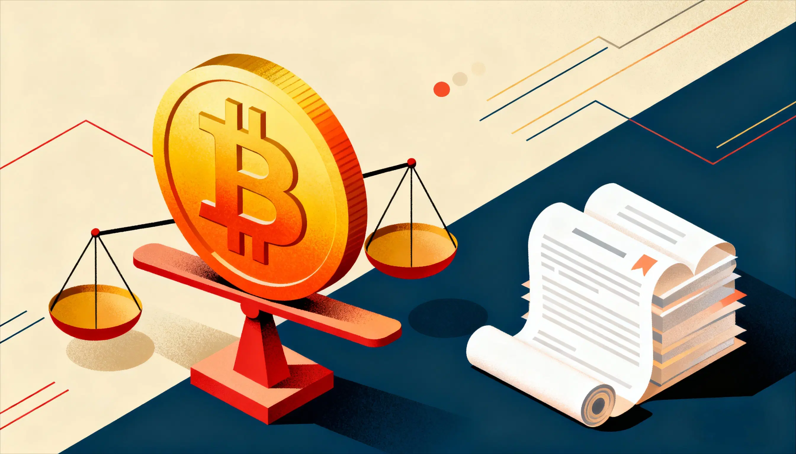 An isometric illustration of a massive Bitcoin on a scale next to a legal filing represents Nasdaq's proposal to increase BlackRock's IBIT options position limit to 1 million contracts, unlocking $5B in exposure and signaling its shift into top-tier financial infrastructure.