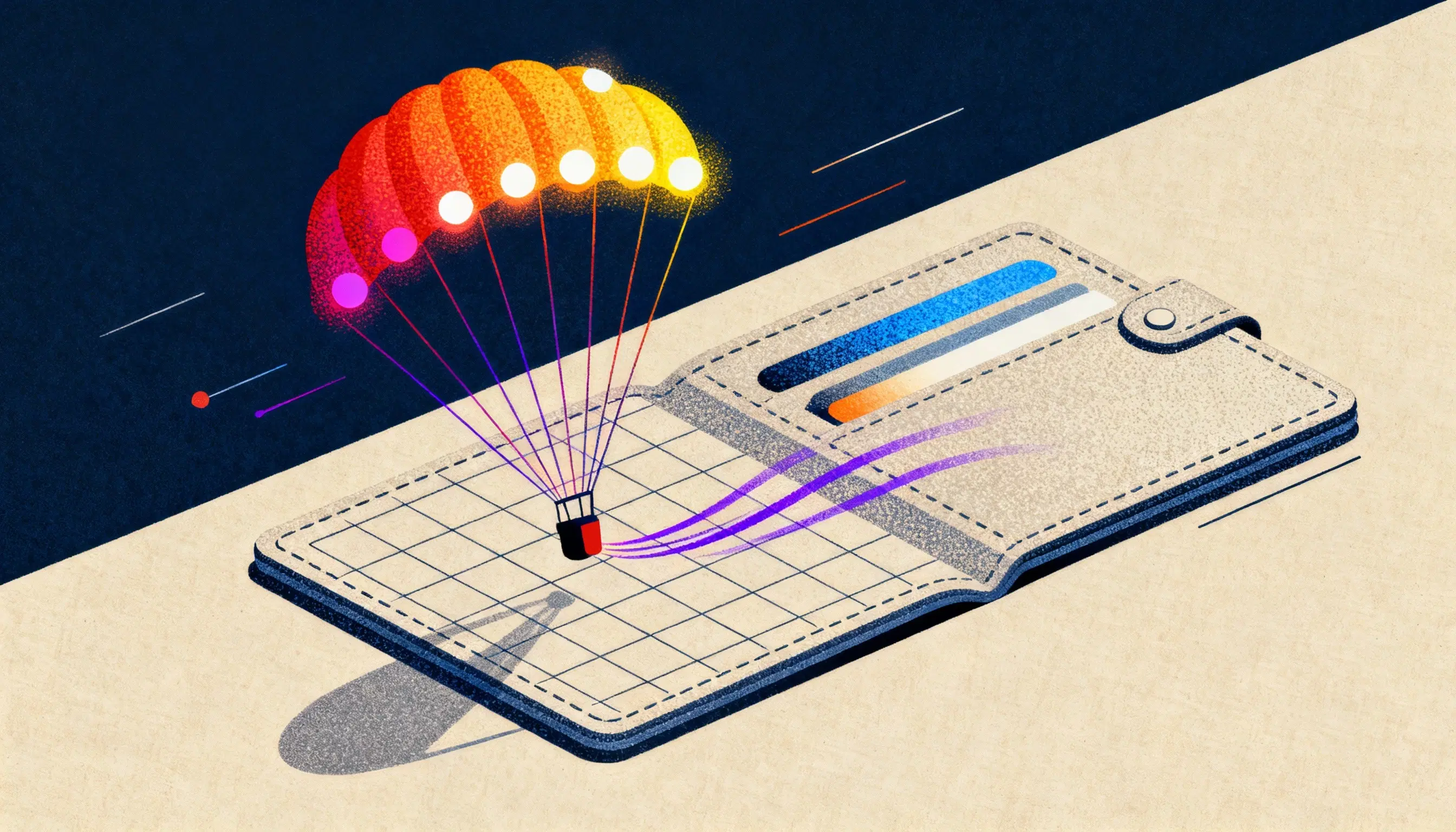 Parachute delivering a token into a crypto wallet, symbolizing crypto airdrops, token events, and how to claim airdrops safely.