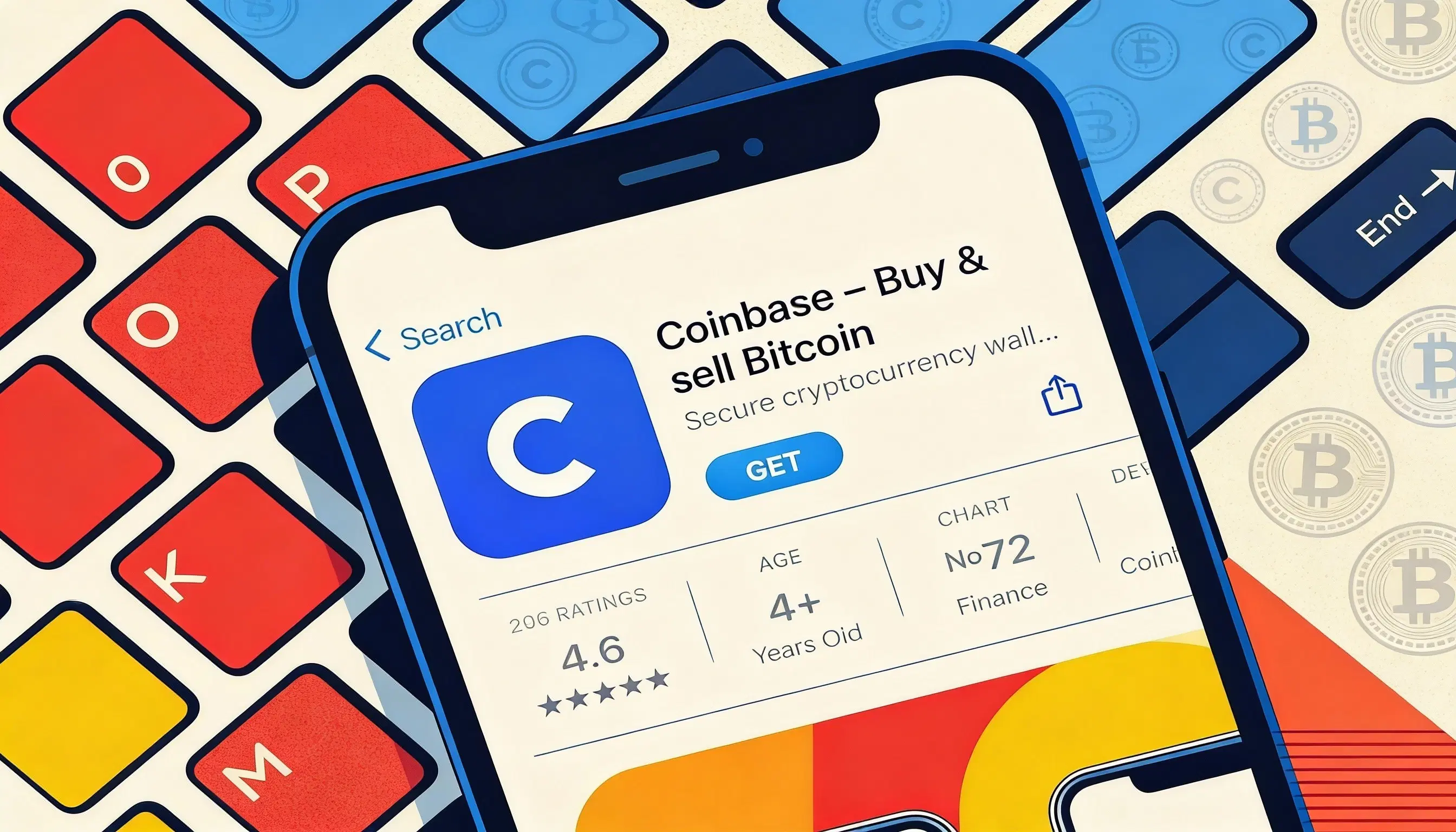 A smartphone displays the Coinbase app store page against a stylized keyboard with red and blue keys and subtle crypto patterns, representing the platform's evolution into a financial super app.