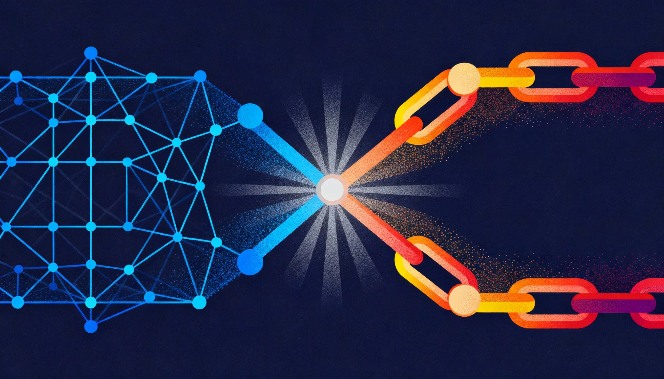 Illustration showing the convergence of artificial intelligence and blockchain, a neural network connecting with a blockchain chain, symbolizing the fusion of AI and crypto, machine learning, and decentralized Web3 innovation in 2025.