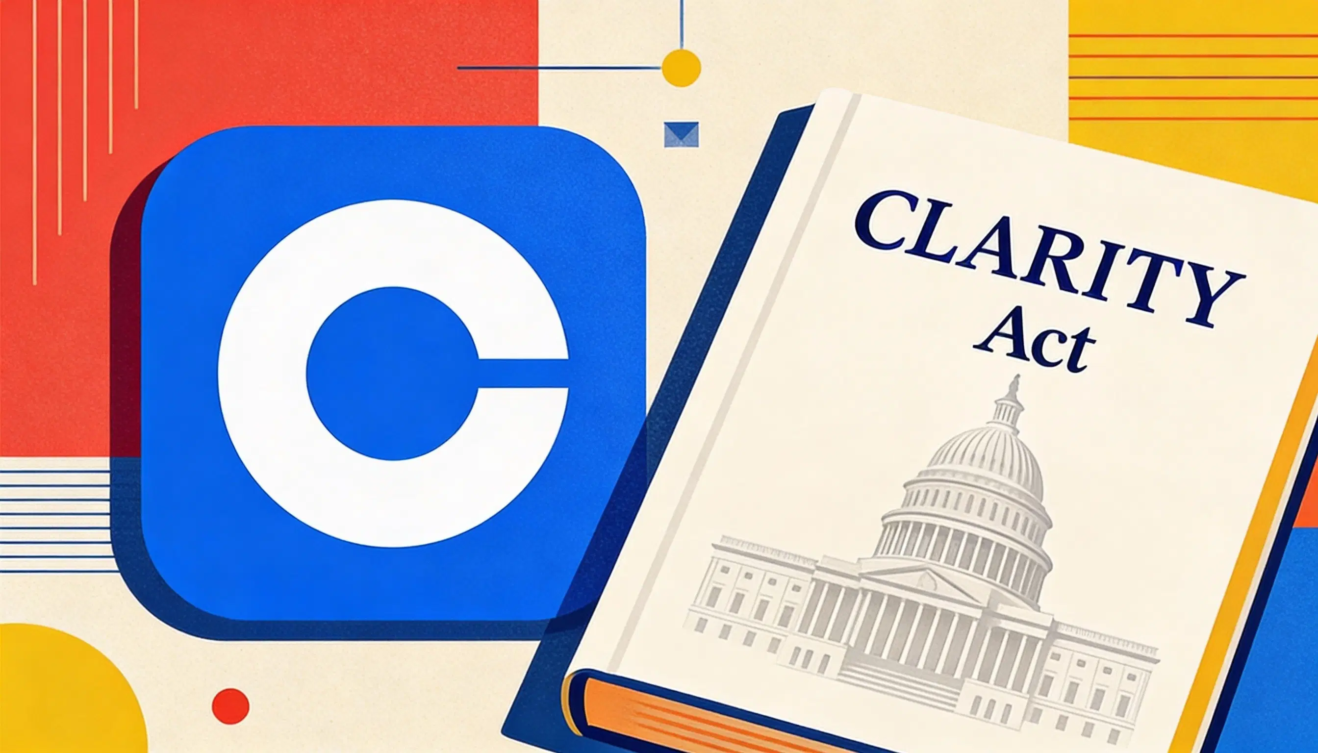 A blue Coinbase logo button sits next to a thick document titled "CLARITY Act" featuring a US Capitol building illustration, symbolizing the exchange's pivotal role in the legislation's fate.