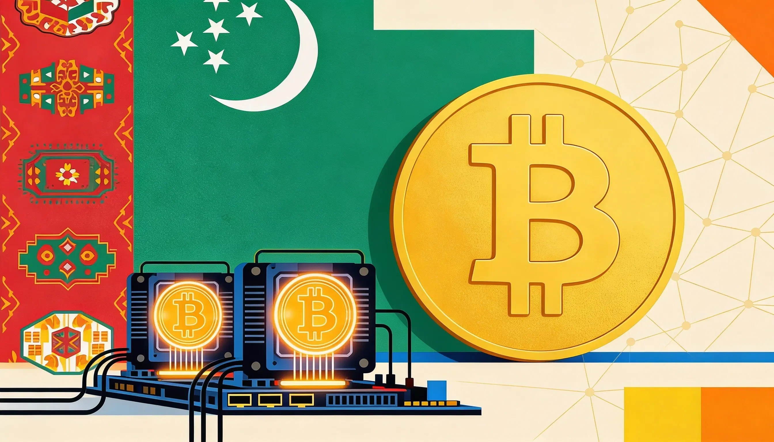 A large gold Bitcoin stands beside mining rigs glowing with crypto symbols against the backdrop of the Turkmenistan flag, representing the country's new mining legalization.